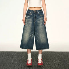 Vintage Washed Denim Wide-Leg Cropped Pants|Color:Blue