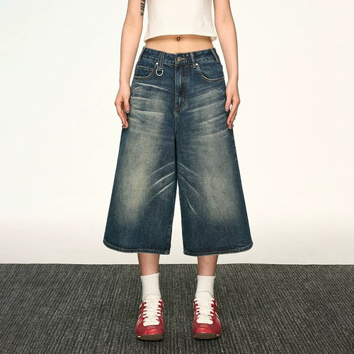 Vintage Washed Denim Wide-Leg Cropped Pants|Color:Blue