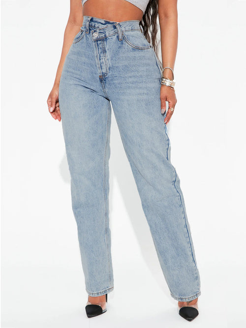 Crossover Waist Straight-Leg Denim Pants|Color:Light blue