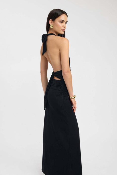 Ruched Plunge Halter Maxi Dress Fonley