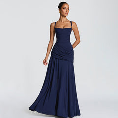 Ruched Bodice Draped Maxi Dress|Color:Navy Blue
