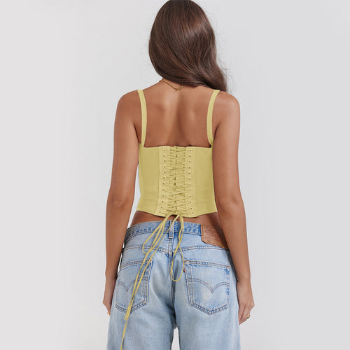 Lace Trim Strap Slim Fit Crop Top|Color:Yellow