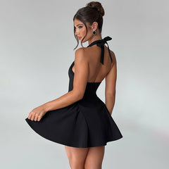 Halter Deep V-Neck Backless Mini Dress|Color:Black