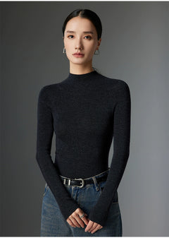 Half-Turtleneck Ribbed Wool Sweater|Color:Black
