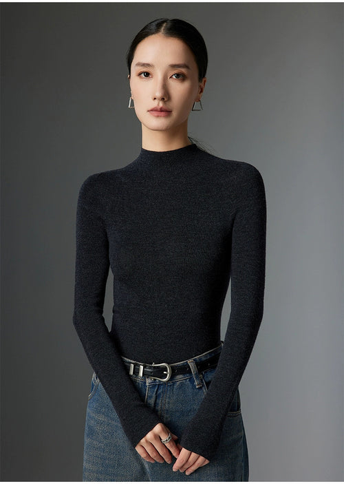 Half-Turtleneck Ribbed Wool Sweater|Color:Black