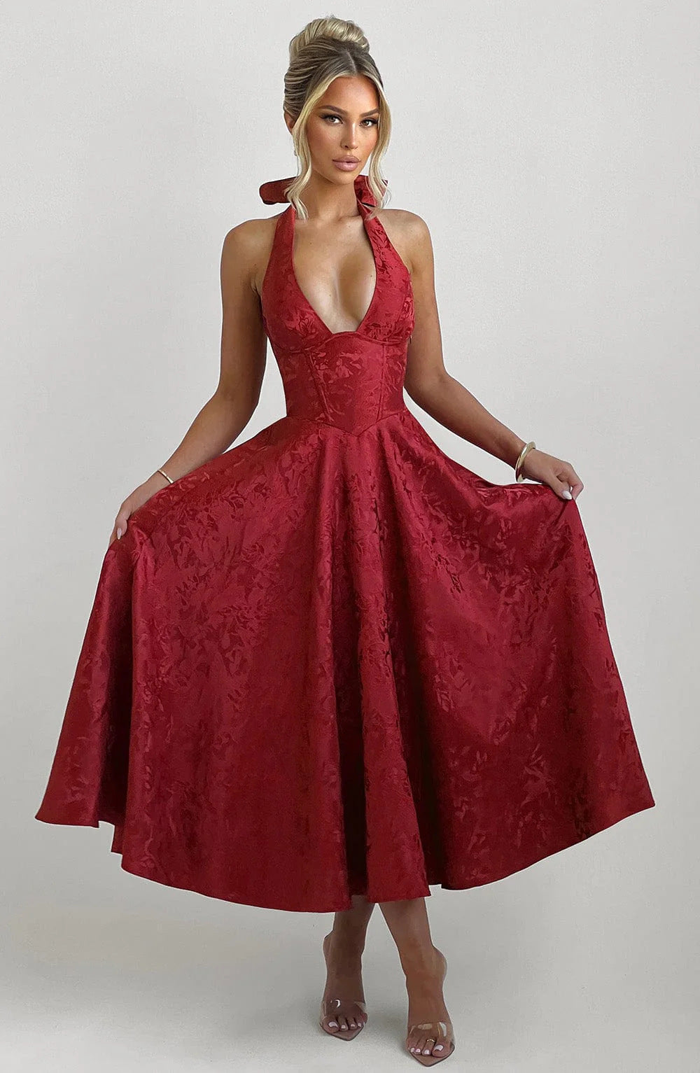 Jacquard Halter Midi Dress Fonley