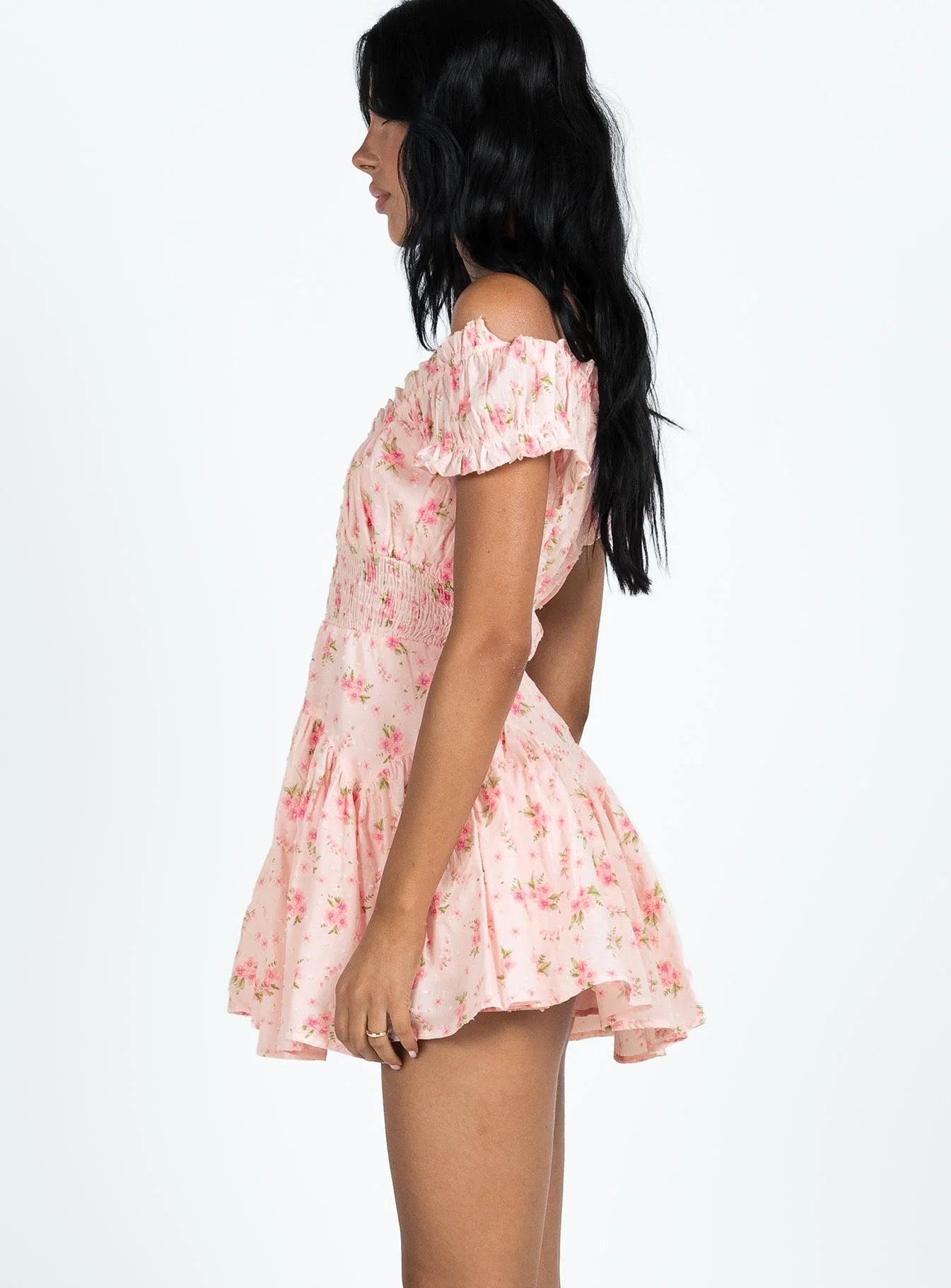 Off-The-Shoulder Smocked Floral Mini Dress Fonley