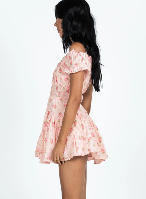 Off-The-Shoulder Smocked Floral Mini Dress Fonley