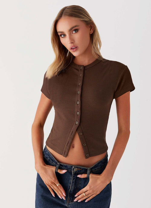 Button Front Short Sleeve Knit Cardigan|Color:Brown