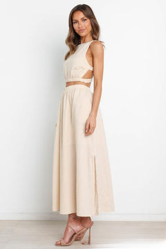 Slim-Fit Pleated Cotton Linen Midi Skirt|Color:Beige