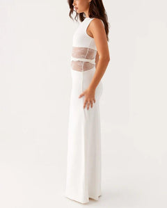 Round Neck Sleeveless Knit Maxi Dress|Color:White