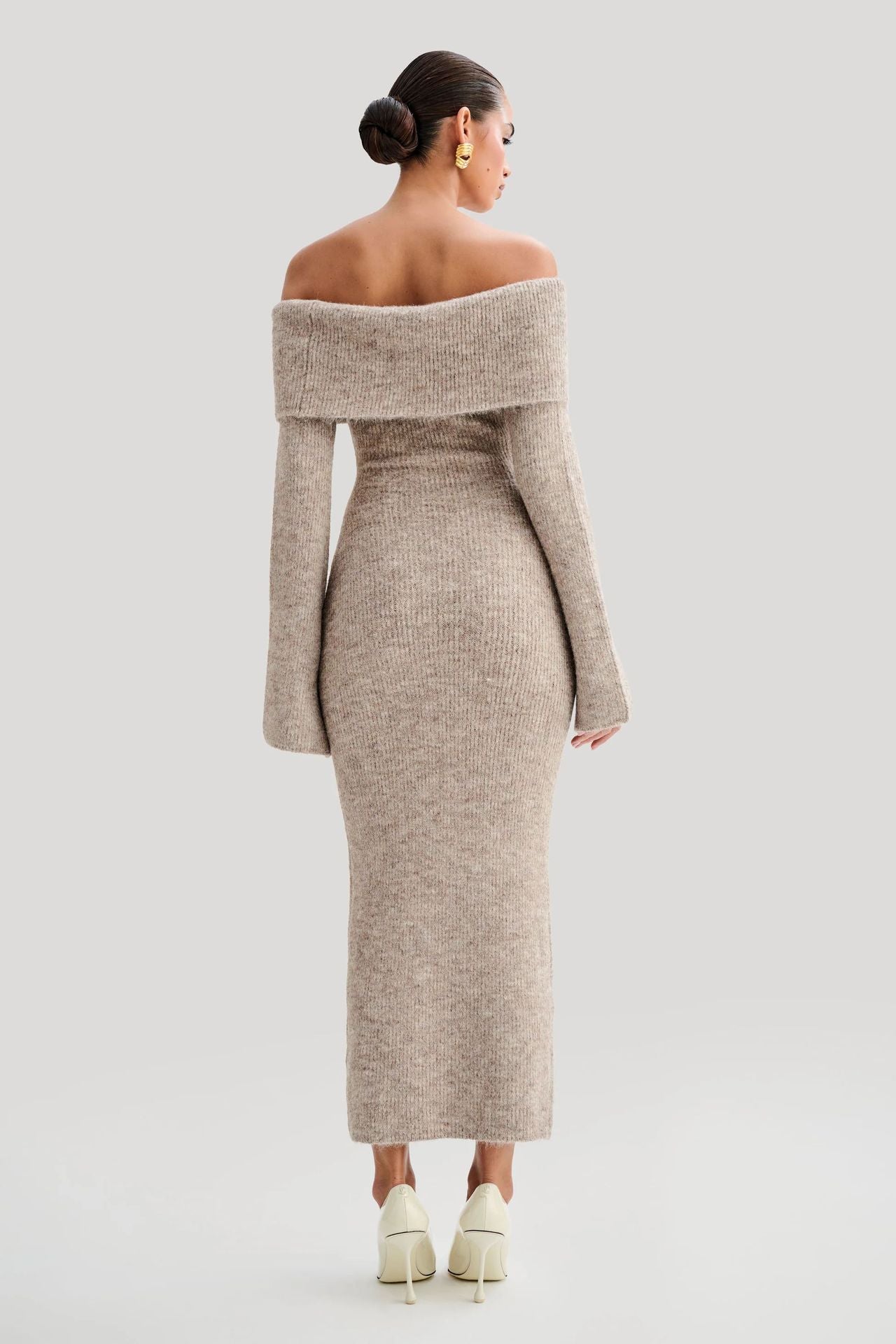 Off-The-Shoulder Buckle Detail Knit Midi Dress Fonley