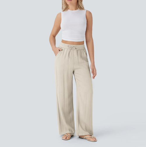High-Waist Drawstring Wide-Leg Linen Pants|Color:Beige