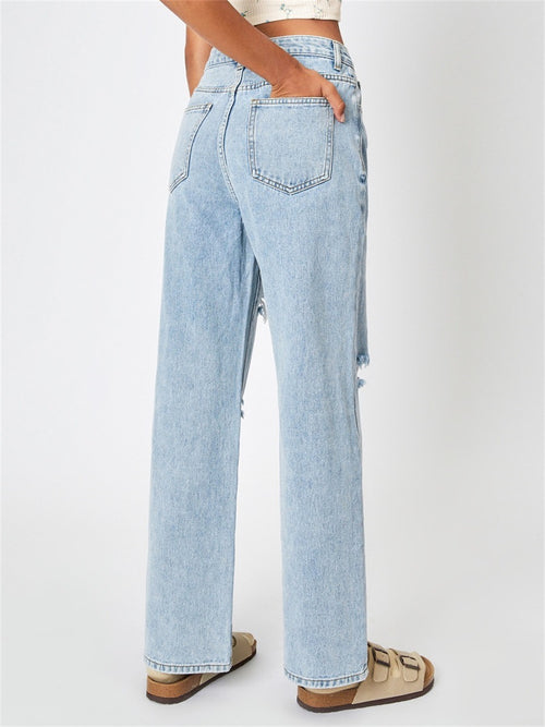High-Waist Ripped Wide-Leg Denim Jeans|Color:Blue