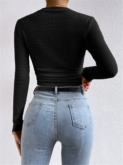 Ruched Plaid Round Neck Long Sleeve Top|Color:Black