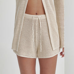Hollow-Out Lace-Up Cardigan & Shorts Beach Set|Color:Beige