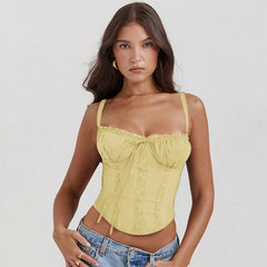 Lace Trim Strap Slim Fit Crop Top|Color:Yellow