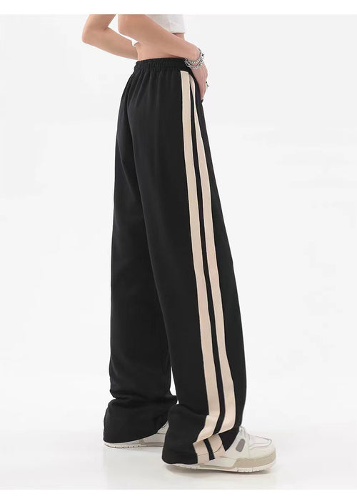 Striped High-Waist Wide-Leg Sweatpants|Color:Black