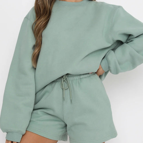 Round Neck Sweatshirt & Shorts Loungewear Set|Color:Green